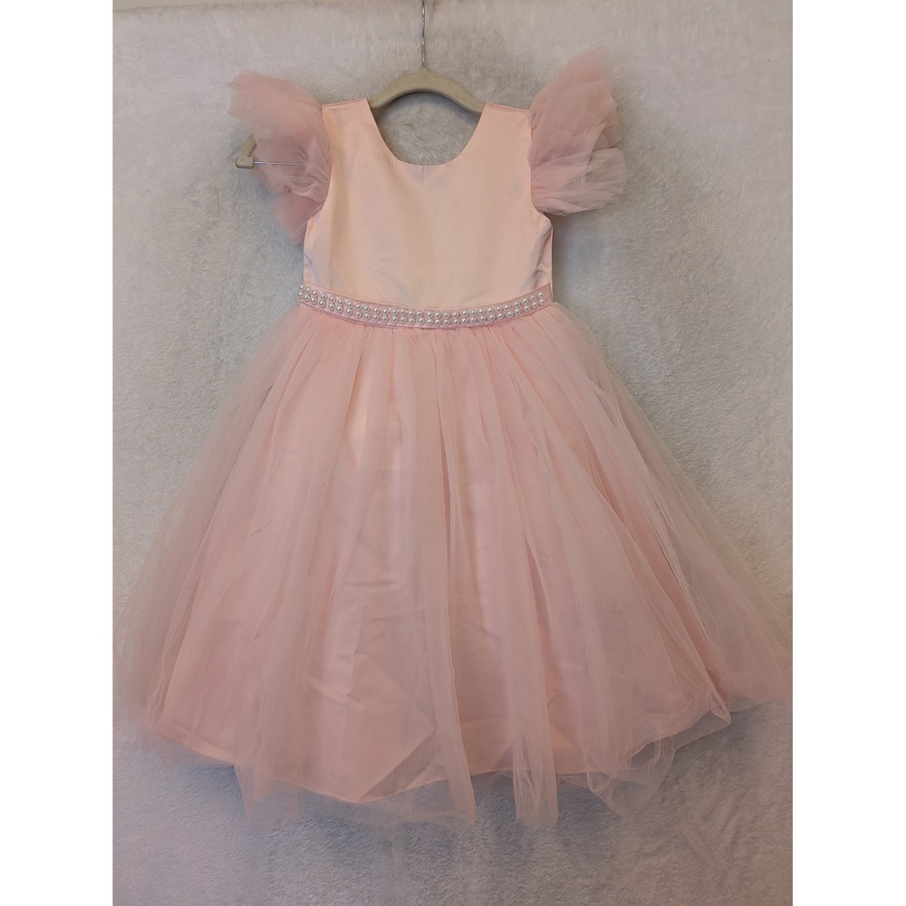 NEW Unbranded Tulle Dress Girl's 10/12 Pink Pearl Waist‎ Ruffle Sleeve Back Bow